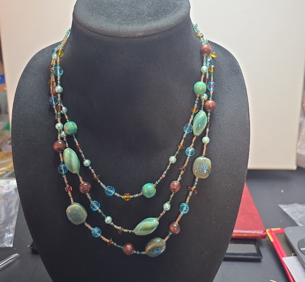 Layered Turquoise & Brown Beaded Necklace - Women Jewelry